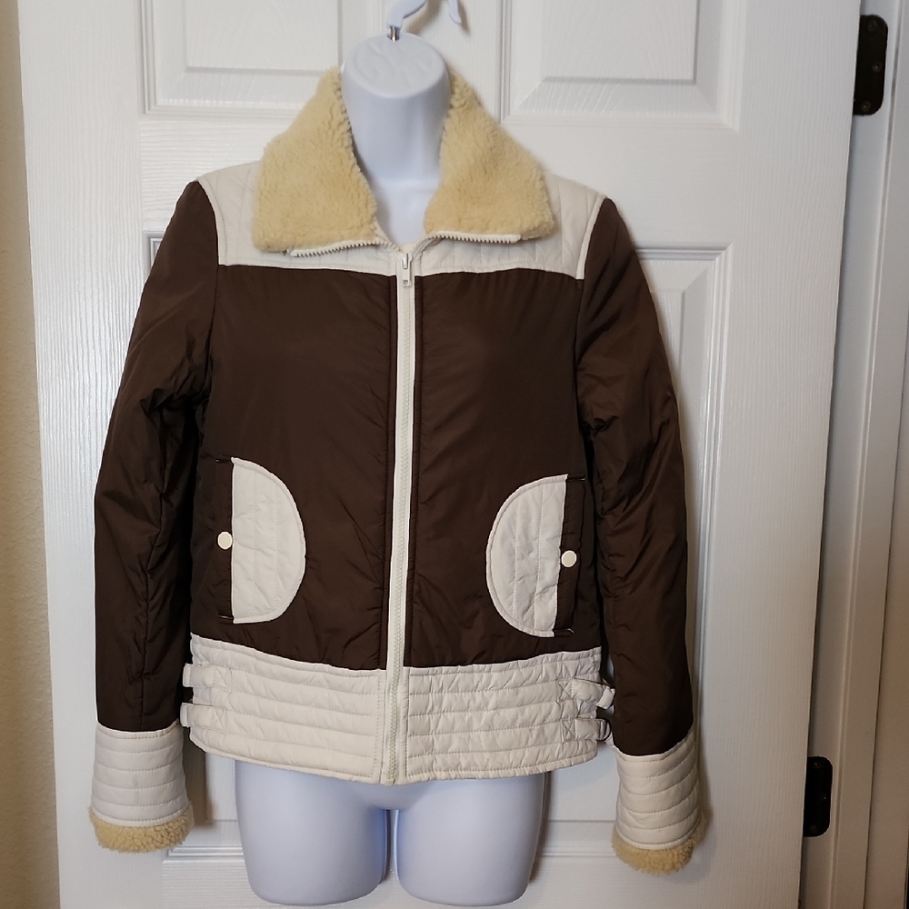Forever 21 Cream and Brown Aviator Style Puffer Jacket Size Small